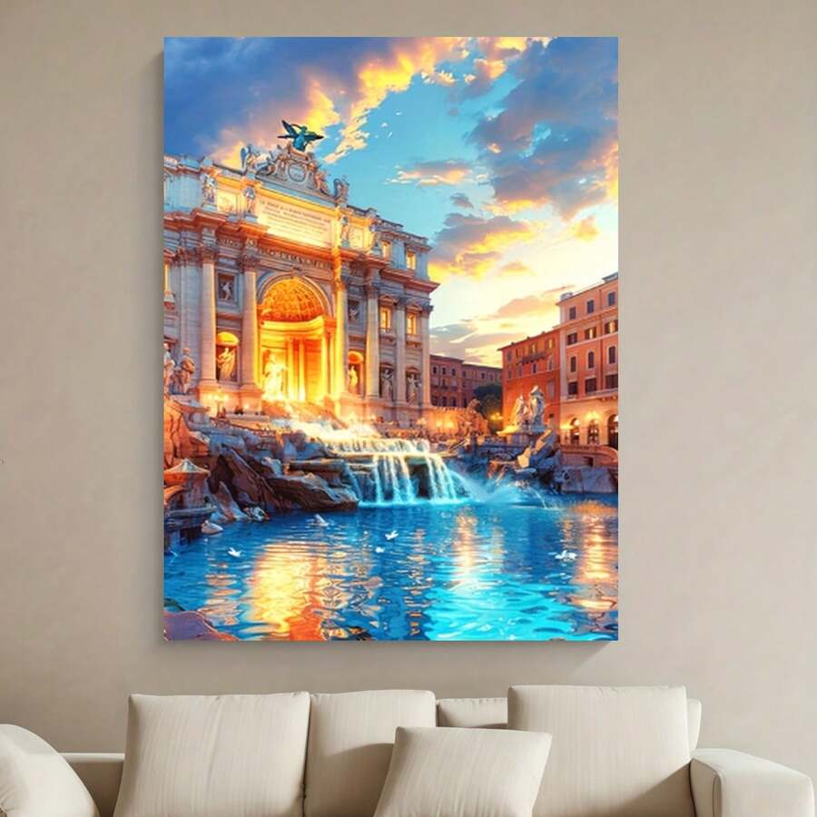 Enmarcado Lienzo impreso plano 2D con fuente romana -  plano 2D , diseño de edificio histórico vintage con cielo al atardecer y cascada, ideal para dormitorio, decoración de sala de estar, dormitorio universitario y regalo para el hogar,  de fuente, obra de arte para sala de estar, obra de arte de cielo dramático, plano 2D - Enmarcado - Ver 1