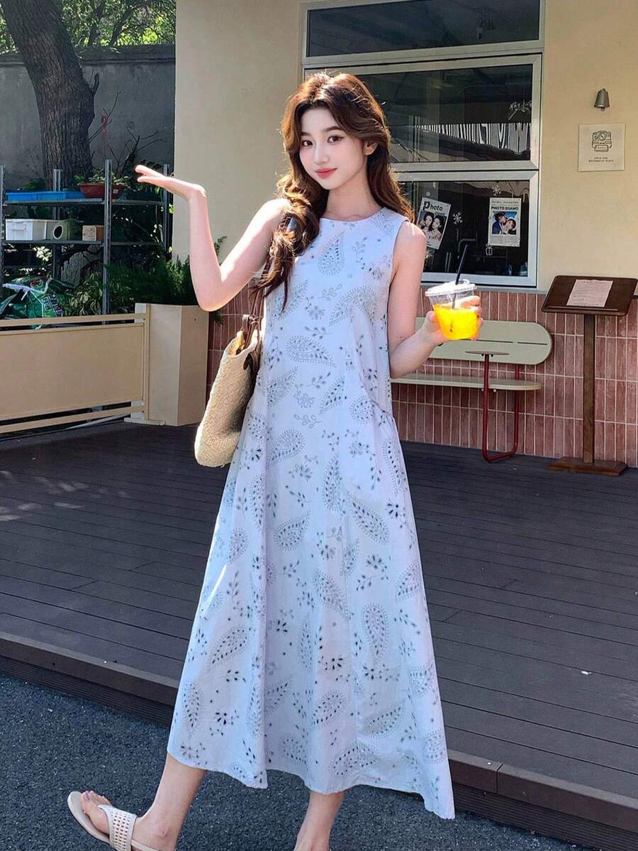 Đầm không tay in hoa lá thanh lịch Y6Y dành cho nữ, thích hợp cho mùa hè. - Màu xanh lam - Xem 1