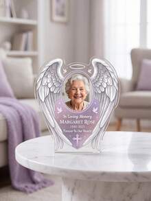 1pc Customized Photo & Text Angel Wings Acrylic Plaque, Personalized Name & Date Memorial Decor, Commemorative Gift, Condolence Remembrance, Forever In Our Hearts Memorial Decor, Mourning Family, Loved Ones, Family Memorial Display, Funeral Memorabilia, Memorial Altar Decoration - Multicolor - View 5
