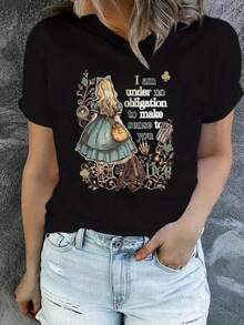 Alice "I Have No Obligation" Custom Printed T-Shirt, Versatile And Casual For Spring/Summer, Ideal For Everyday Wear, Casual Style For Holidays, Elegant Women's Clothing, Sporty And Modern Design, Simple Round Neck Top, Comfortable And Breathable, Elegant Plus Size Blouses For Young Women, Curvy Dresses, Elegant Evening Dresses. - 黑色 - 查看 1