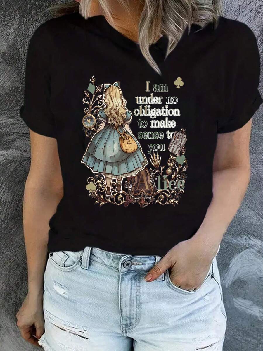 Alice "I Have No Obligation" Custom Printed T-Shirt, Versatile And Casual For Spring/Summer, Ideal For Everyday Wear, Casual Style For Holidays, Elegant Women's Clothing, Sporty And Modern Design, Simple Round Neck Top, Comfortable And Breathable, Elegant Plus Size Blouses For Young Women, Curvy Dresses, Elegant Evening Dresses. - 黑色 - 查看 1