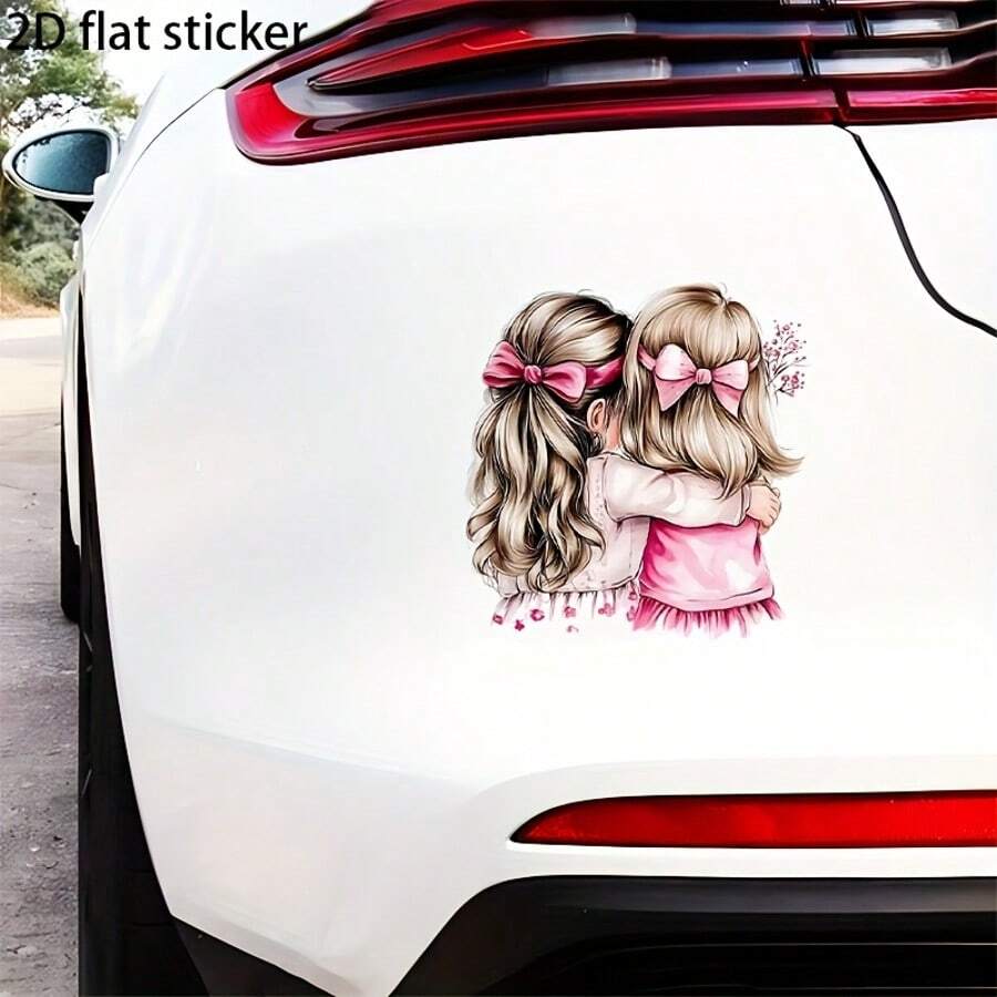 1pc Two Girls Hugging Car Sticker - Durable Fantasy Cartoon Animal Theme Decal For Car, Laptop, Truck, Window, Wall - 1pc - View 1