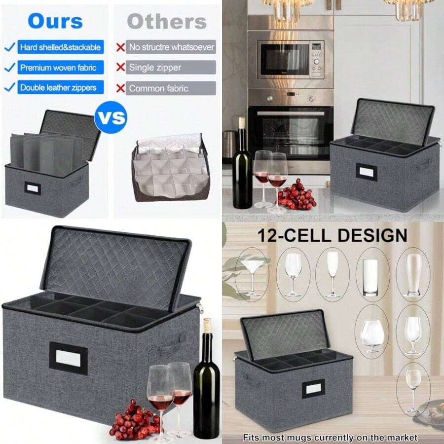 Caja de almacenamiento para copas de vino con divisores para 12 unidades contenedor de almacenamiento de cerámica rígida estuche de cristalería apilable con asas y etiqueta almacenamiento - Grisoscuro - Ver 1