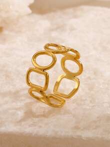 1 chiếc nhẫn hở bằng thép không gỉ mạ vàng 18K, kiểu dáng tối giản hình bầu dục và vuông, phù hợp cho nữ giới đeo hàng ngày và dự tiệc. - Vàng - Xem 4