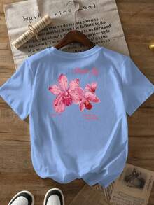 Top de manga corta para mujer con paneles delantero y trasero, estampado de orquídeas en fondo negro, cuello redondo, estilo casual - Ropa de mujer, ajuste cómodo, diseño clásico - [Blanco] - Ver 6
