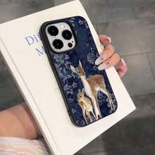 1pc TPU Material Retro Navy Blue Floral Bow Deer Pattern Phone Case Compatible With Apple 17 Pro Max/17/16 Pro Max/15/13/12/11, S20 FE/A15/S24/A55, Note 11/Note 12/Note 13 Pro, Full Coverage Anti-Drop Soft Protective Cover - Black - View 3