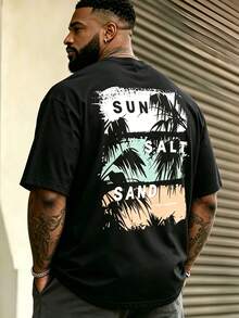 Men's Plus Size Sun Salt Palm Tree Print T-Shirt, Casual Loose Fit Crew Neck Short Sleeve T-Shirt, Black Summer Street Style - Black - View 3