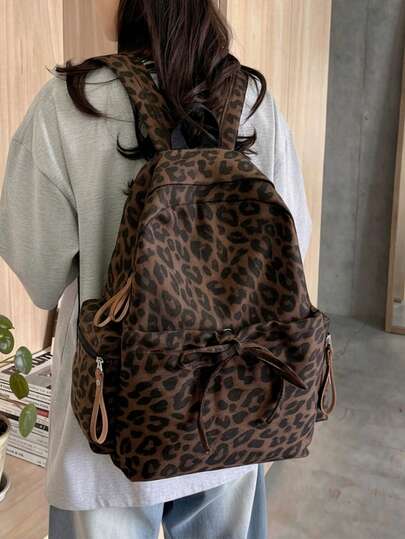 Retro American Baddie Style Deep Brown Leopard Print Backpack, Front Pocket With Bow Tie Design, Side Zipper Pocket, Large Capacity Versatile, Student Commute Travel Casual Backpack