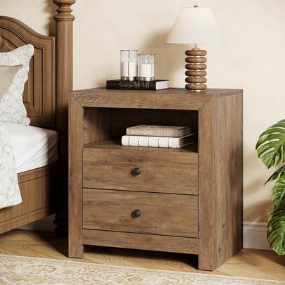 LITTLE TREE Farmhouse NightStand With 2 Drawers Storage, Mid-Century Retro End Table, Wide Bed Side Night Stand For Bedroom, Easy Assembly (Rustic Brown)