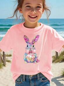 Conejo Colorido Con Lazos y Flores Camiseta estampada para niños - Rosa - Ver 8
