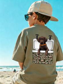 Young Boy Casual Graphic Print Crew Neck Short Sleeve T-Shirt, Summer Top - Olive Green - View 2