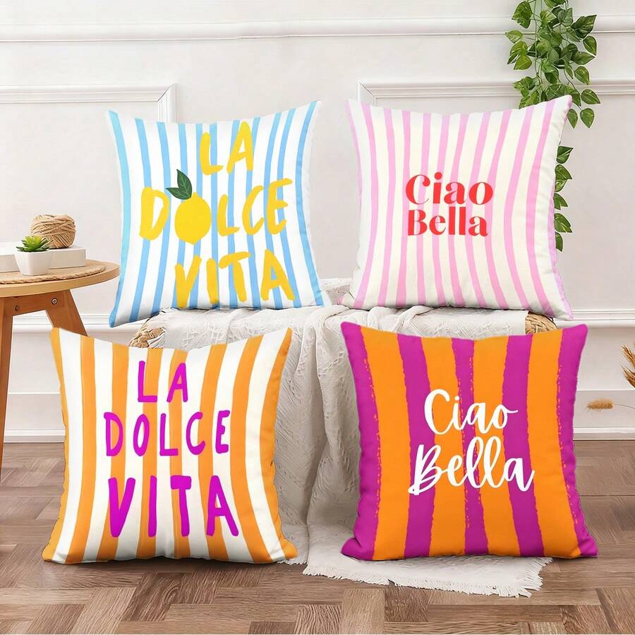 4pcs Italian Summer Striped Pillow Covers, Sofa Decorative Cushion Covers, Machine Washable, Multiple Sizes Available, Printed With "Ciao Bella" Lemon Pattern (Double-Sided Print, Pillow Insert Not Included) - A - View 1