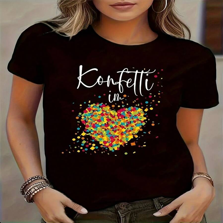 T-Shirt Printed With A New Heart Pattern - 黑色 - 查看 1