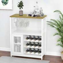 Mueble Bar con Almacenamiento de Vino Extraíble, Aparador Industrial y Buffet con Bandeja de Cristal y Puertas de Malla - Blanco - Ver 9