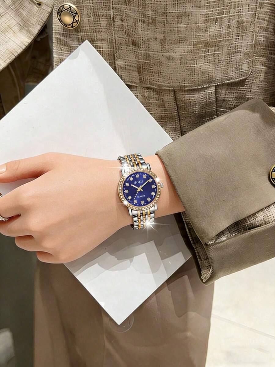 SOKI Women's Watch Luminous Hands Electronic Drive And Pointer Display Rhinestone Inlaid Case Gorgeous And Fashionable Style Zinc Alloy Case And Strap Daily Wear Backto-School Season Telling Time Birthday Gift Also An Ideal Choice For Yourself Or Friends