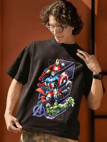 Marvel Iron Man Captain America Hulk Graphic Men's T-Shirt, 100% Cotton Tee - 黑色 - 查看 5
