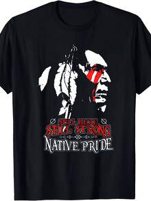 T-shirt graphique américain 'Local Pride 'Still Here Strong' - Vêtement culturel noir avec motif  rouge et blanc - T-shirt épais 100% à col rond - Coupe ample pour hommes, cadeaux d'anniversaire - Noir - Voir 1
