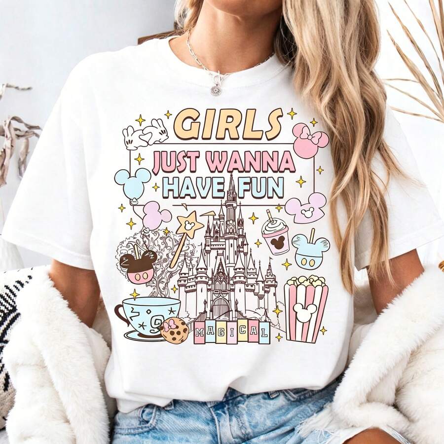 Disney 90s Style "Girls Just Wanna Have Fun" Castle Oversized T-Shirt Unisex, 100% Cotton Vintage Short Sleeve Casual Top, Minnie & Daisy Girl Trip Graphic Print Tee - trắng - Xem 1