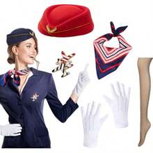 1/6/5件組女士復古空服員服裝－復古航空制服，適合角色扮演、主題派對，含帽子、圍巾、胸針、手套－歷史航空服裝，適合歷史活動、攝影與派對 - 彩色 - 查看 5