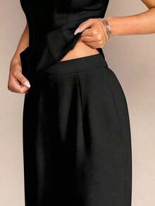 Set de 2 piezas para mujer con top sin mangas de cuello de halter y pantalones largos para el verano, estética de oficina y uso diario - Negro - Ver 4