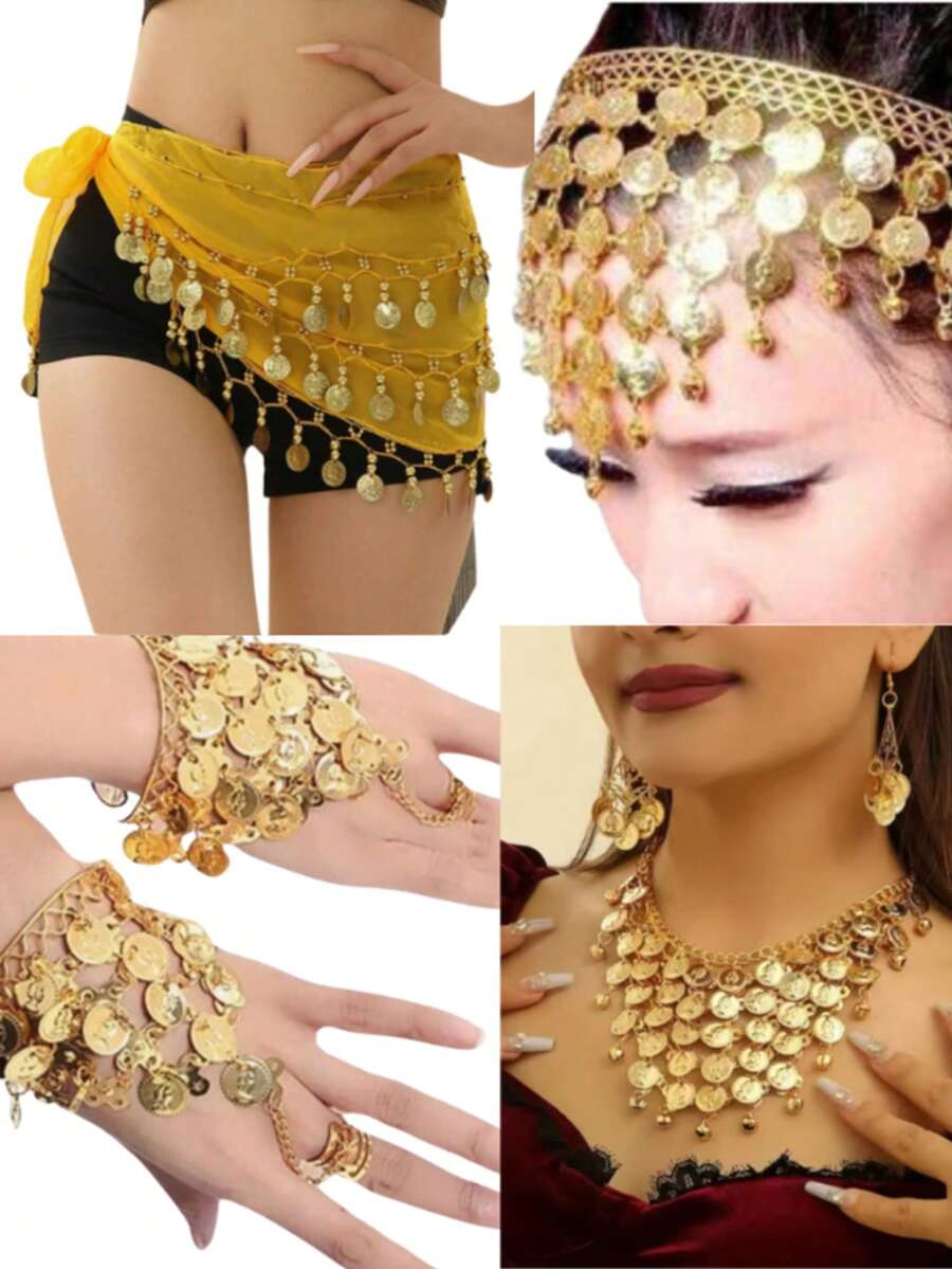 Tiara + Bracelet + Necklace And Scarf Set With Arabic Coins For Dance - Yellow - View 1