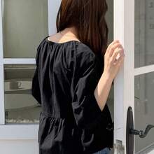 Fashion Women's Clothing  Camisa de manga larga con cinturón envolvente de unicolor, casual para primavera/verano, con volantes - Negro01 - Ver 3