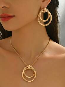 Ensemble de bijoux polyvalent 3 pièces avec boucles d'oreilles clous et pendentif en chaîne métallique à motif géométrique de cercle - Jaune doré - Géométrique - Voir 3