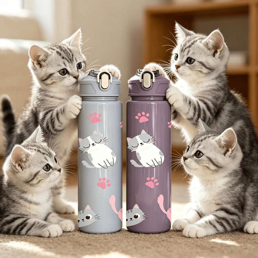 1/5pcs 750ml Cute Cat Print Water Bottle With Strap - Leak-Proof Sports Water Bottle With Various Adorable Cartoon Cat Designs In Light Blue, Blue, Purple And Pink, Suitable For Cat Lovers, Children, Teenagers And Students For School, Fitness, Outdoor Activities Or Daily Use. Also A Cute And Fun Gift For Birthday, Back To School Or Any Special Occasion. - Multicolored Kitten - View 1