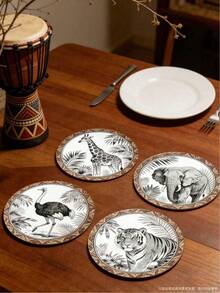 4/1 pieza Posavasos de madera vintage con motivos de fauna de la selva, con patrones de elefante, jirafa, tigre y avestruz, adecuados para decoración del hogar, suministros para fiestas y vacaciones. - Multicolor - Ver 7