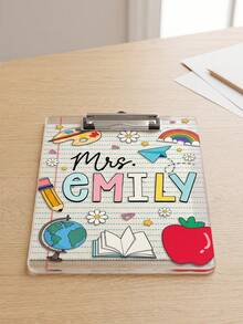 1pc Personalized Custom Teacher Clipboard, Customized Name Transparent Acrylic Board With Metal Clip, Cute School Supplies Doodle, Transparent Rainbow And Apple Design, Unique Teacher Appreciation Gift, Suitable For Classroom Decoration, Lesson Plans And Daily Use - Multicolor - View 5