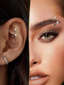 Pendientes de aro con colgante de luna y estrella de acero inoxidable 316L de 16G para perforación de ceja y oreja rook para mujeres, joyería de barra curva para perforación - estrellas y luna - Ver 2