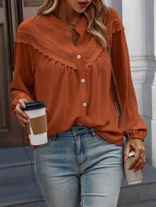 Plus Size Regular Length Long Sleeve Shirt Collar Backless Contrast Floral Lace Detail Top - Brown - View 4
