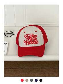 Women's Soft Top Red Baseball Cap, Niche Vintage Embroidered Couple Hat, Face-Slimming Patchwork Embroidery, Fashion Streetwear American Lettering Contrast Color Curved Bill Sun Hat, New Contrast Lettering Vibe Wide Brim Cap For Students - Multicolor - View 15