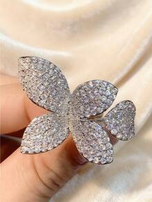 1pc Women's Luxury Full Pave CZ Flower Lef Ring,Cocktail Style,Perfect For Formal Occasions,Anniversaries And Valentine's Day Gifts (No Box) - A - View 2