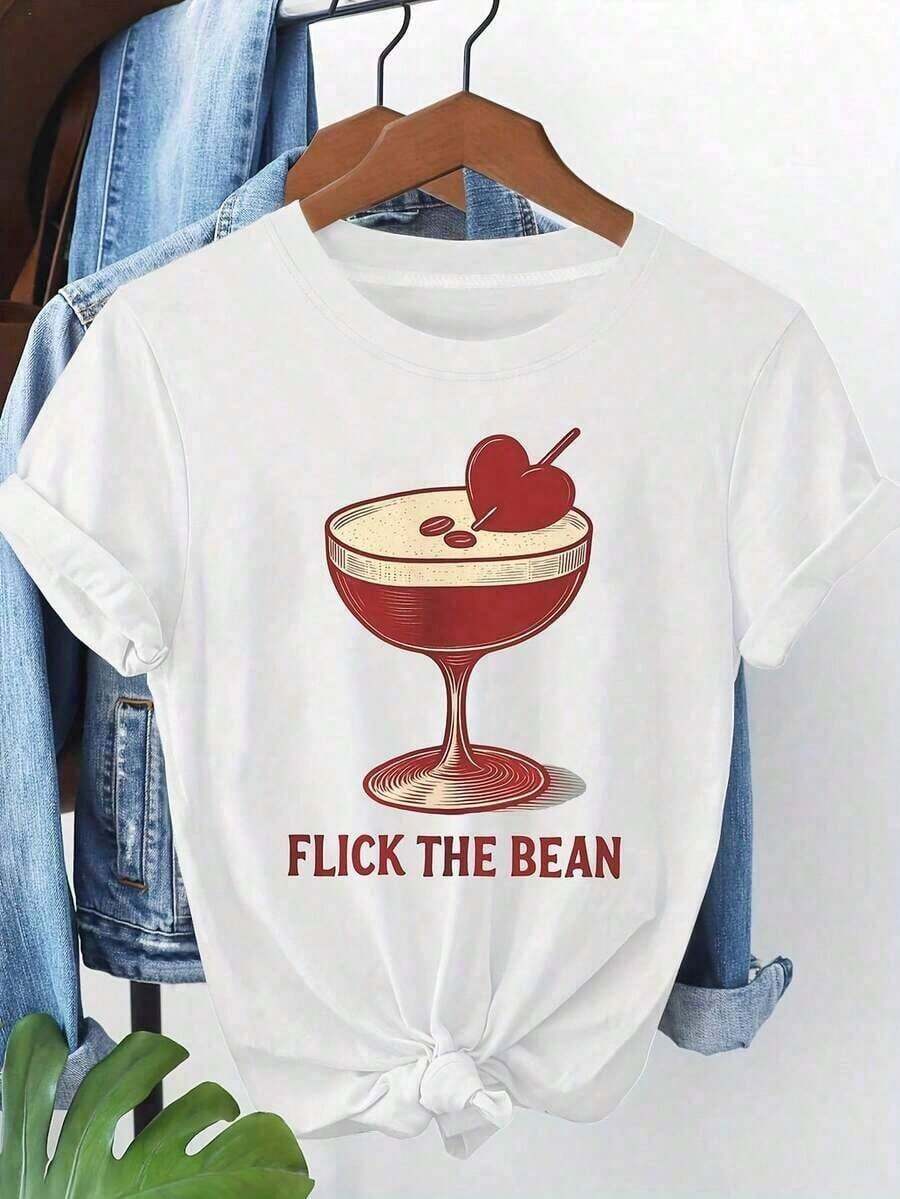 NEW Women's Fun Graphic Tee - "Flick The Bean" Print With Martini, Cherry, And Lemon Slice Design - Casual Short Sleeve Crew Neck For Spring/Summer, Ladies' Tees, Comfortable Fit Shirt, 100% Cotton. Unisex Cotton Short Sleeve Crew Neck T-Shirt, Urban Vintage Style, Loose Fit. - 白色 - 查看 1