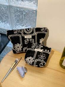 1件/套 黑白提花刺繡女款女孩化妝包，便攜大容量拉鍊化妝收納袋，適合旅行與度假必需品，可收納衛生棉、鑰匙、髮飾、充電器、口紅、化妝品、香水、化妝刷、護膚品與美容產品，適合女性、學生、女學生，生日禮物、朋友禮物、節日禮物 - 黑與白 - 查看 4