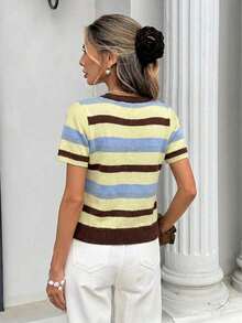 2026 Blusa de punto holgada de manga corta con cuello redondo de estilo casual para mujer, estilo universitario con rayas marrones y azules, blusa de verano, blusa de estilo universitario estadounidense, adecuada para uso diario, blusa de verano, blusa de primavera para mujer - Multicolor 10 - Ver 2