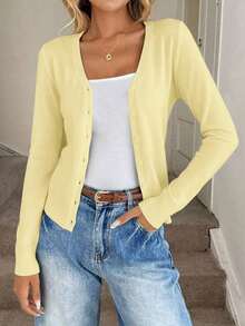 Cárdigan casual y versátil de unicolor para mujeres en otoño e invierno - amarillo claro - Ver 5