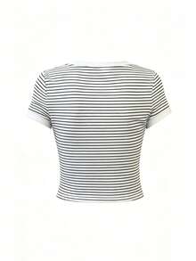 Women's Round Neck Short Sleeve T-Shirt, Summer New Fashion Contrast Color Striped Design, Casual Versatile Slim Fit Flattering Short Top - White and Black Stripes - View 4