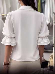 1pc Women's Fashion Versatile Commuter Button-Up Casual Loose Fit Lapel Ruffle Blouse 5-Sleeve Flared Sleeve Pleated Design Shirt, Everyday Spring/Summer - Apricot - View 2