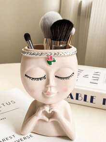 Cute Face-Shaped Makeup Brush Holder, Suitable For Vanity Tabletop | Decorative Desktop Storage Box, Can Hold Brushes, Pencils, Cosmetics | Japanese Cute Beauty Stationery Organizer | Aesthetic Room Desk Decor - Multicolor - View 10