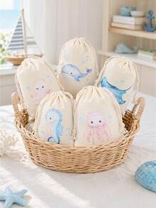 6pcs Drawstring Gift Bags, Ocean Animal Theme, Shark, Whale, Jellyfish And Seahorse Fun Patterns, Suitable For Baby Shower, Birthday Party And Ocean Theme Events - Multicolor - View 3