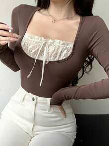 Camiseta de manga corta con bloques de color para mujer, Tops cortos para mujer, Tops lindos para mujer - Marrón - Ver 6