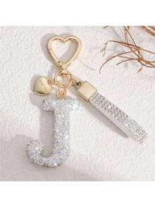 1pc White Soft Pottery Letter Rhinestone Keychain, Cute Personalized Bag Charm, Car Key Chain, Heart Decor, Gift For Mom, Friend, Valentine's Day - White - View 4