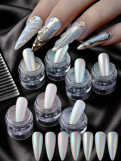7PCS/Set Fairy Powder Shinny Pearlescent Effect Nail Glitter Aurora Fairy Dust Pigment Rubbing On Manicure Nail Decoration Art And Supplies