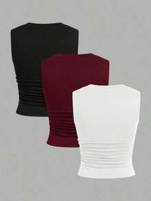3 piezas Camiseta de tirantes con cuello de pico, cintura fruncida, estilo minimalista y casual, sexy, adecuada para uso en verano y en el aeropuerto - Blanco - Ver 10