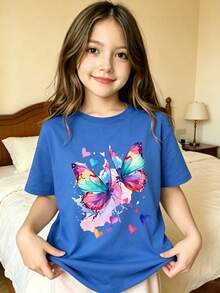 Corazones de Mariposa con Estampado de Patrón Colorido Camiseta estampada para niños - Azul - Ver 1