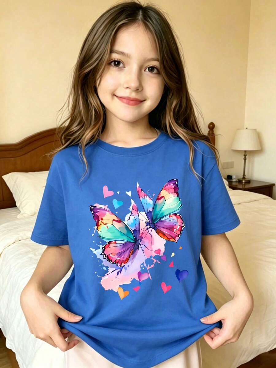 Corazones de Mariposa con Estampado de Patrón Colorido Camiseta estampada para niños - Azul - Ver 1