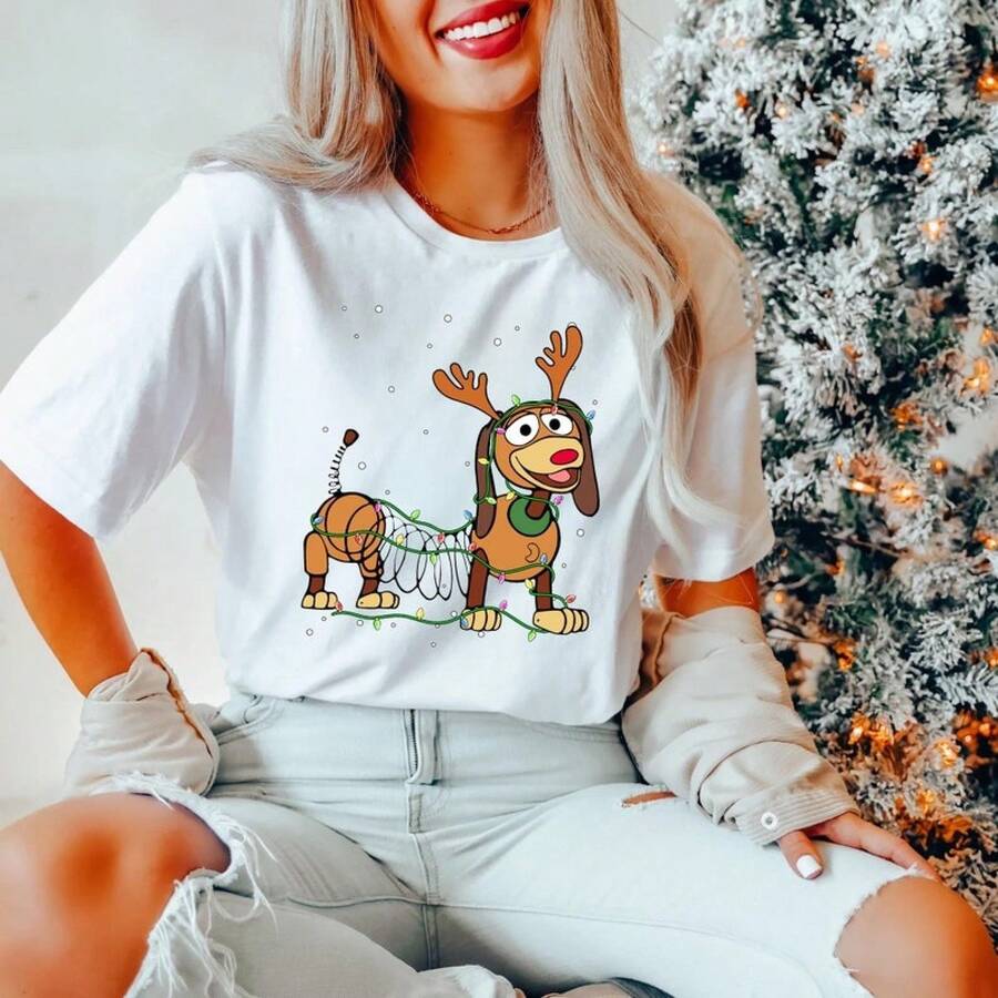 Disney Toy Story Slinky Dog Christmas Tee, Family Matching Christmas T-Shirt, Disneyland Christmas Tee, Slinky Dog Xmas Shirt, Christmas Tee-- Disneys Disneyland Paris The Magic Kingdom Disneyesque B6Holiday Gifts Valentine's Day Gifts Earth Day Gifts Oktoberfest Gifts Summer Bank Holiday Gifts - White - View 1