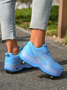 Girls' Sky Blue Wave Pattern , Hook And Loop 4-Wheel Retractable Roller Skates, Children's Sports Inline Skates - Mint Blue - View 1